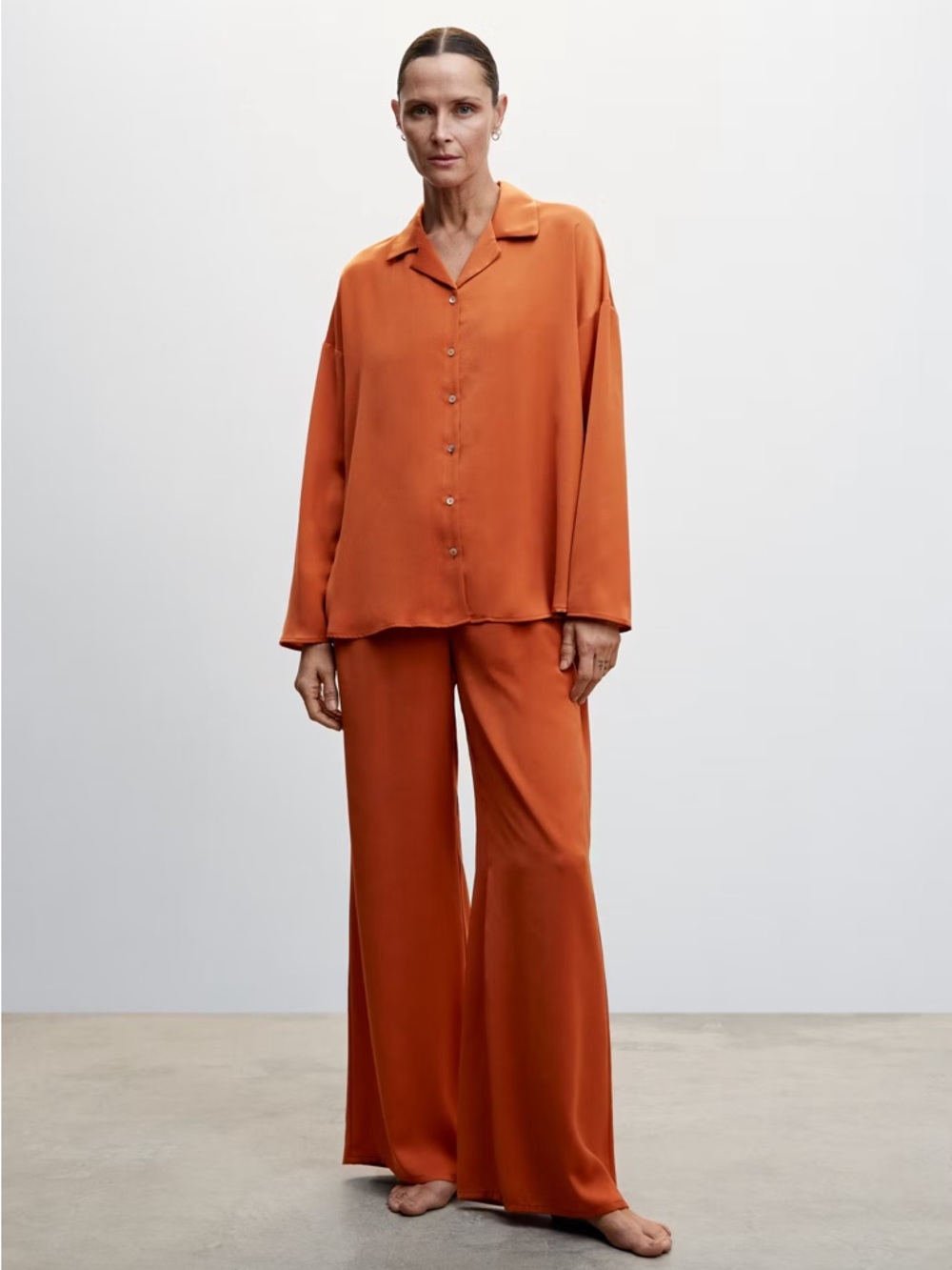 Mango Women's Satin Shirt & Wide-Leg Pants Set Pajama Loungewear - Burnt Orange